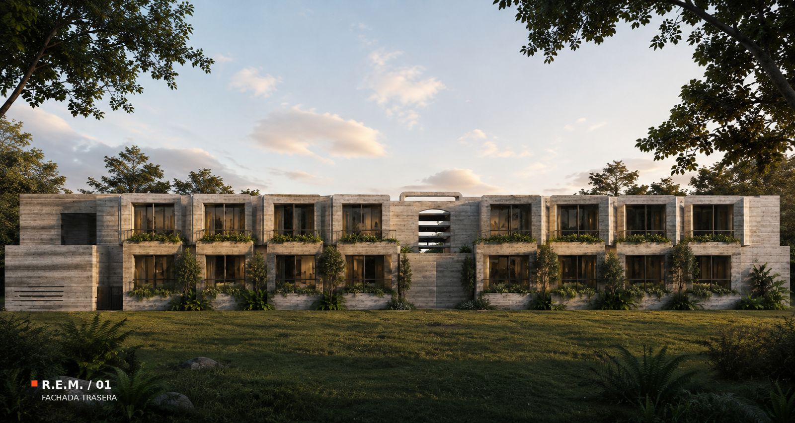 Render de la fachada trasera con ventanas, jardineras y árboles